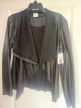 Avenue Black Faux Leather Draped Jacket with Suede-Look Collar